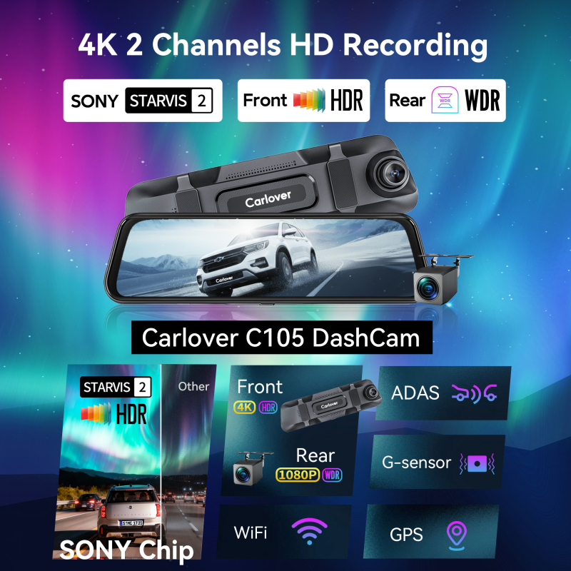 Dash cam 4K Ultra HD, dvostruki objektiv, Wi‑Fi, 170° širok kut gledanja, ciklično snimanje do 256GB microSD