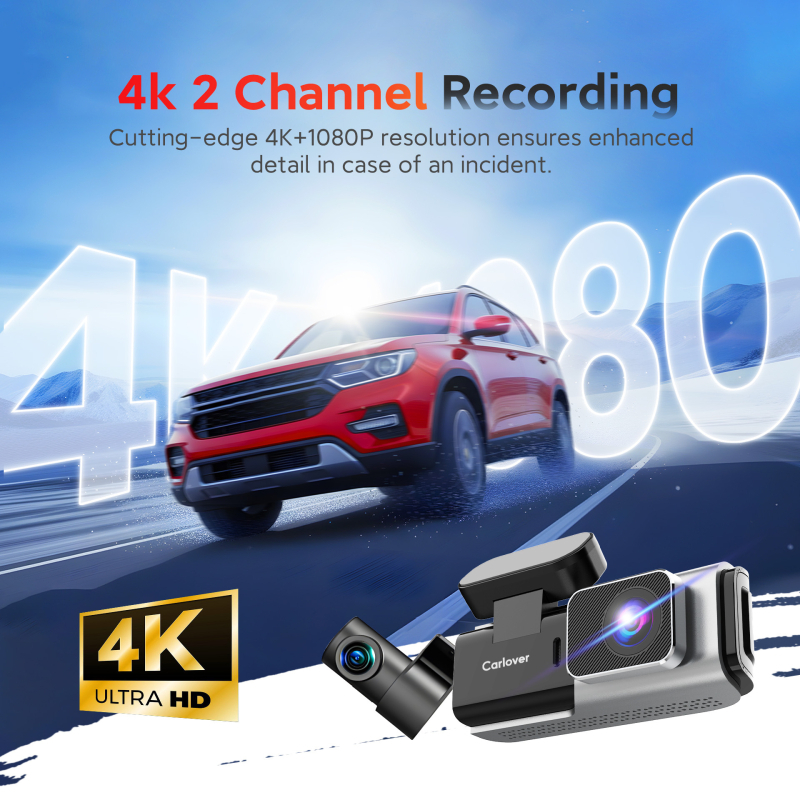 Automobilska dash kamera s dvostrukom prednjom i stražnjom kamerom, 2160p, kut vida 170°, Wi‑Fi, snimanje petljom