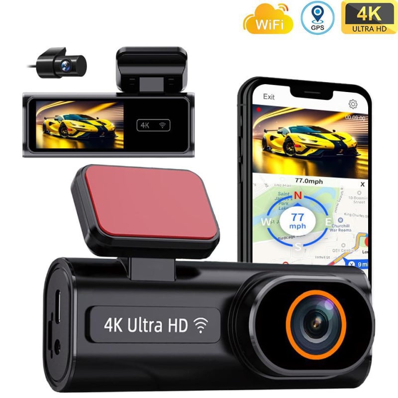 4K autós dashcam elő- és hátsó kettős felvétellel, 170° széles látószög, éjszakai látás és GPS nyomkövetés