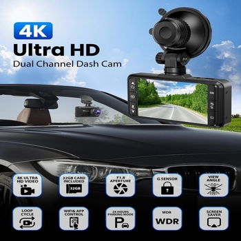 Autós dash cam kettős lencsével és Wi‑Fi-vel, 4K 2160p, 150° látószög, éjszakai látás, TF-kártya-támogatás