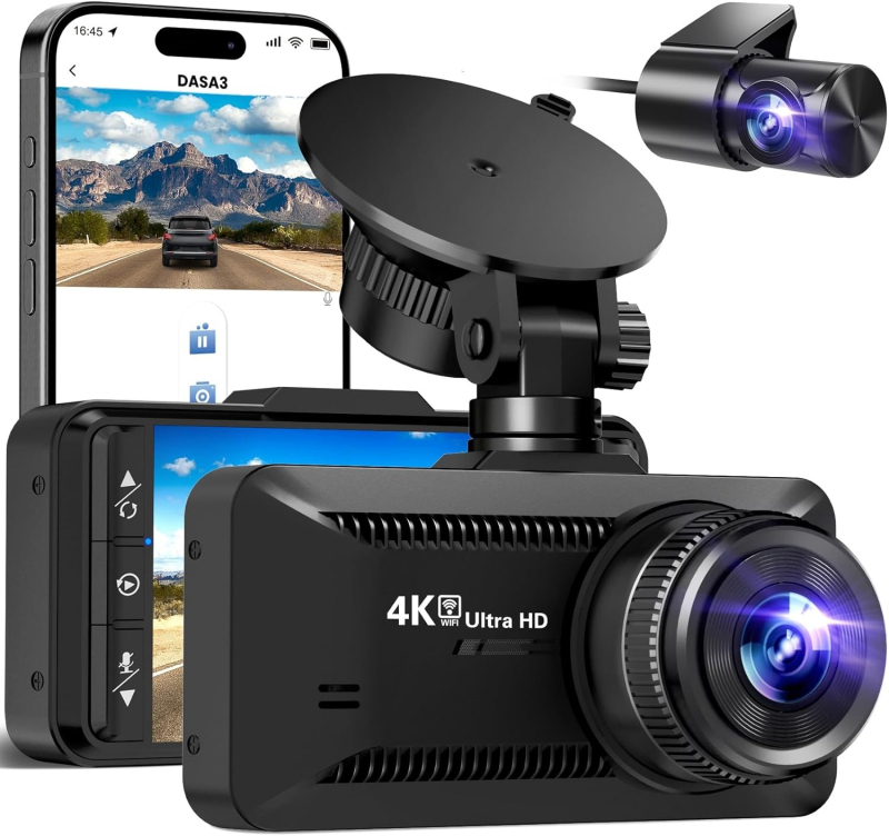 Autós dash cam kettős lencsével és Wi‑Fi-vel, 4K 2160p, 150° látószög, éjszakai látás, TF-kártya-támogatás
