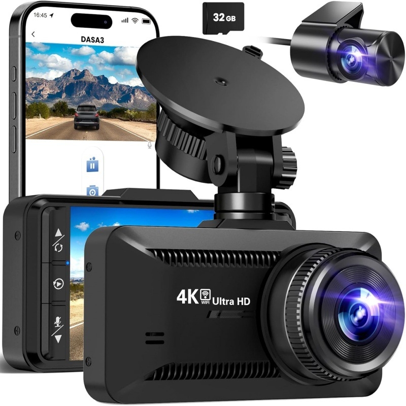Autós dash cam kettős lencsével és Wi‑Fi-vel, 4K 2160p, 150° látószög, éjszakai látás, TF-kártya-támogatás
