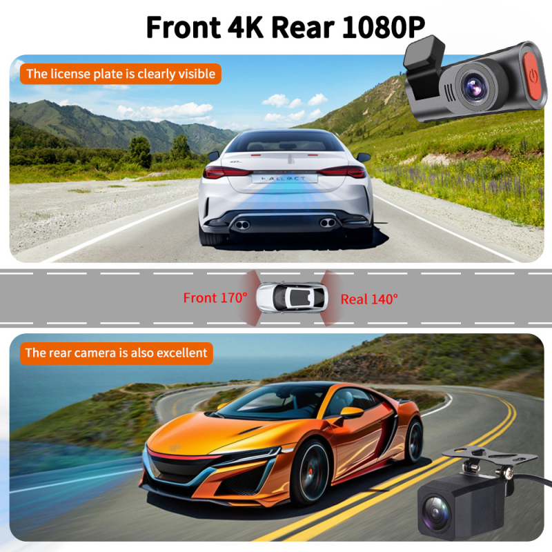 4K prednja i stražnja dvostruka kamera za automobil s Wi-Fi, 150° širokokutni objektiv, 2160p, TF karti podrška