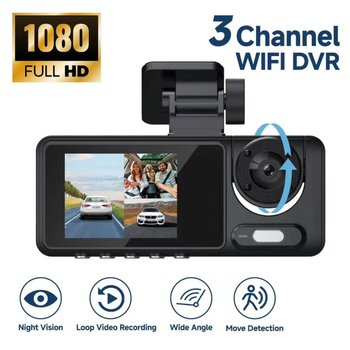 Háromlencsés autós dash cam, 1080p, 120° látószög, Wi‑Fi és körkörös felvétel
