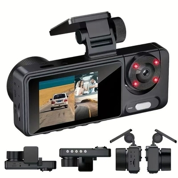 Háromlencsés autós dash cam, 1080p, 120° látószög, Wi‑Fi és körkörös felvétel