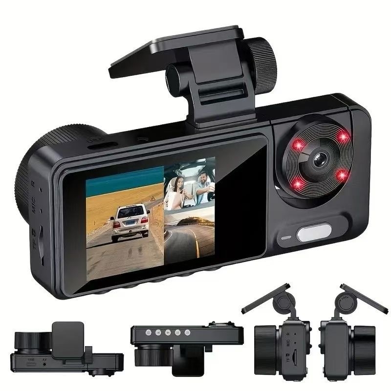 Háromlencsés autós dash cam, 1080p, 120° látószög, Wi‑Fi és körkörös felvétel