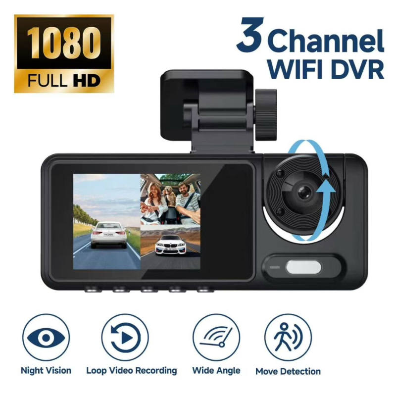 Háromlencsés autós dash cam, 1080p, 120° látószög, Wi‑Fi és körkörös felvétel