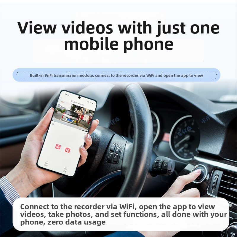 4K-os autós dash cam, kettős csatornás elülső és hátsó felvétellel, 170° látószög, rögzítés az első szélvédőn, rejtett vezetékek, Wi‑Fi