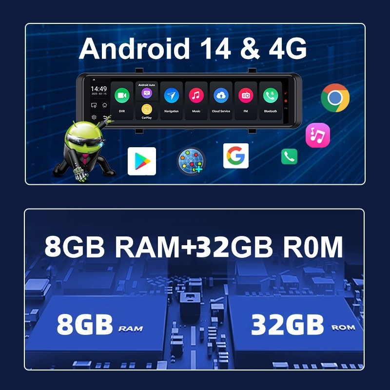 Zrkadlový DVR s predným a zadným dvojitým záznamom, 1080p, 170° široký uhol, GPS navigácia, 4G