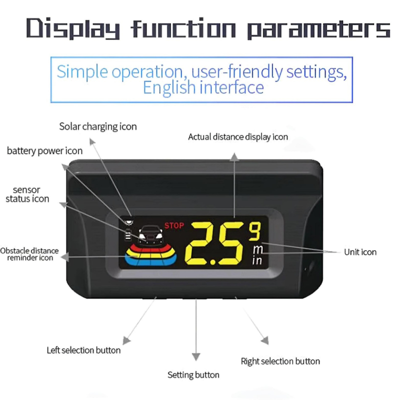 Bežični radar za parkiranje s digitalnim zaslonom, 4 senzora, domet detekcije 0.3–2.5 m, kompatibilan s 12V vozilima, solarno napajanje i USB