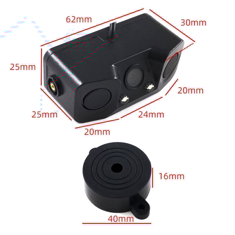 Autóhátsó radar és kamera – három az egyben rendszer vizuális képpel és csipogó hanggal (12V, állítható szög, 648×488 felbontás, AV videojel, tükrözött kép)