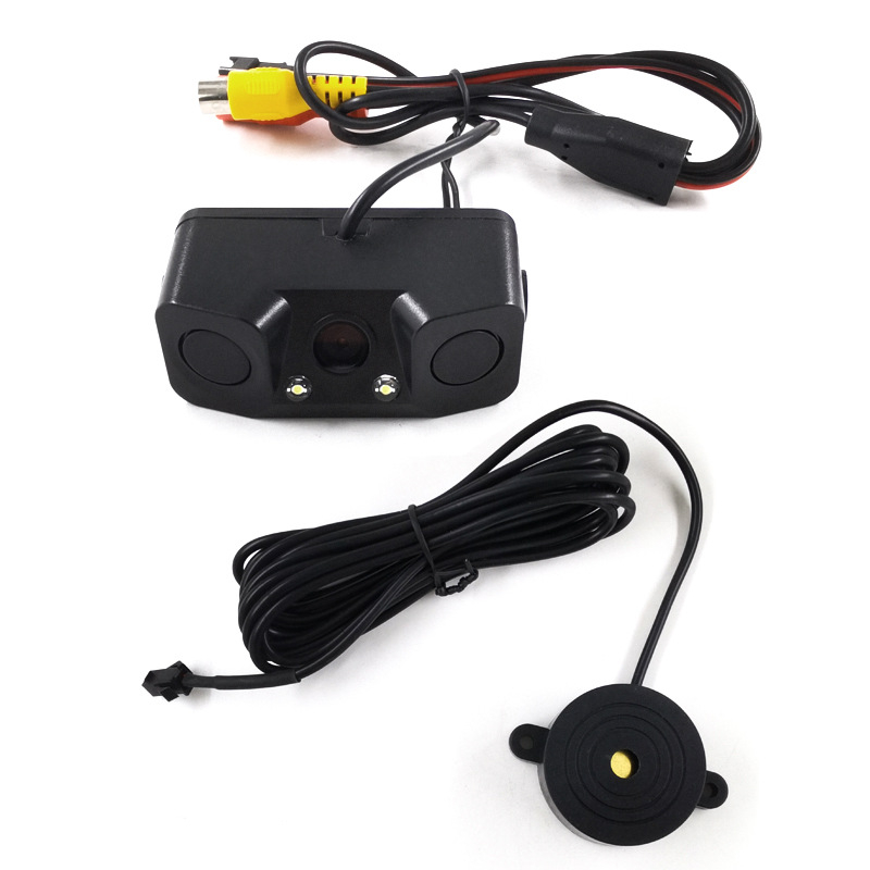 Autóhátsó radar és kamera – három az egyben rendszer vizuális képpel és csipogó hanggal (12V, állítható szög, 648×488 felbontás, AV videojel, tükrözött kép)