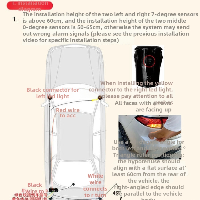 Aklųjų zonų stebėjimo sistema su eismo juostos keitimo pagalba ir radaro įspėjimu, suderinta su galiniu veidrodžiu — 2 jutikliai, 12V, buzzer pranešimas, atbulinės eigos radaras