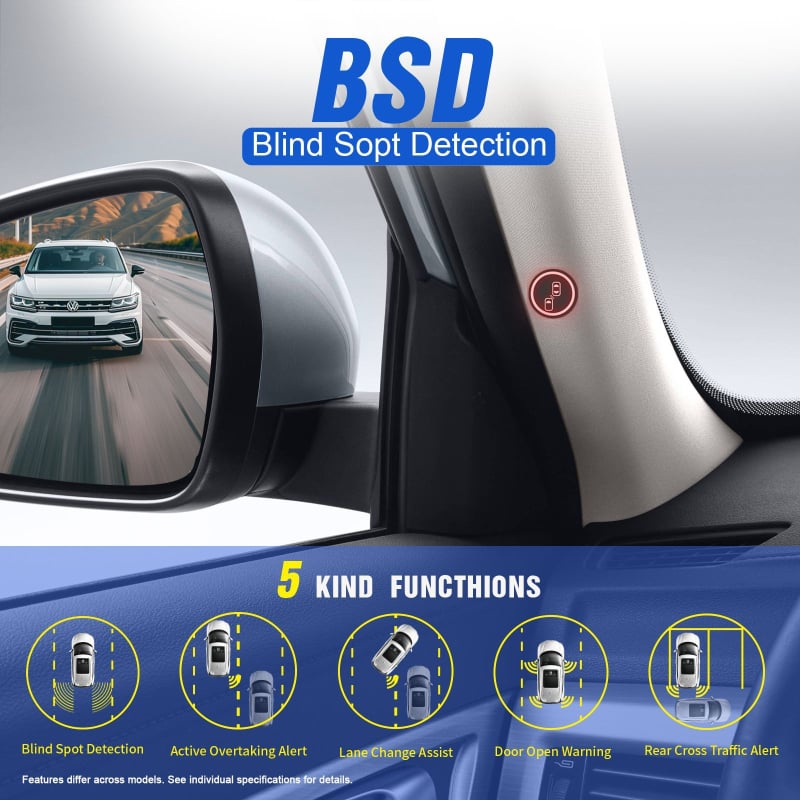 BSD holttér-monitorozó rendszer — 24 GHz radar, 50 m detektálási tartomány, sávváltás asszisztens, ajtónyitás figyelmeztetés, hátrameneti keresztirányú forgalom figyelmeztetés