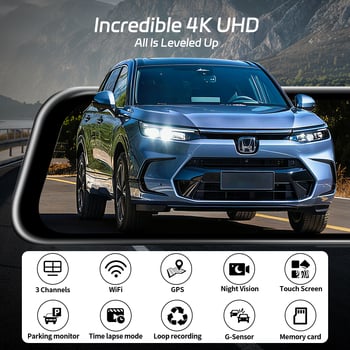 Dash cam oglindă retrovizoare cu 4K, cameră de monitorizare a copiilor, ecran tactil de 12 inchi, unghi de vizualizare 170°, înregistrare traseu GPS, Wi-Fi