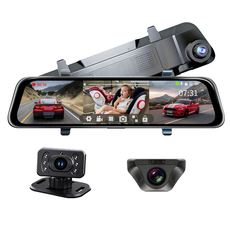Dash cam oglindă retrovizoare cu 4K, cameră de monitorizare a copiilor, ecran tactil de 12 inchi, unghi de vizualizare 170°, înregistrare traseu GPS, Wi-Fi
