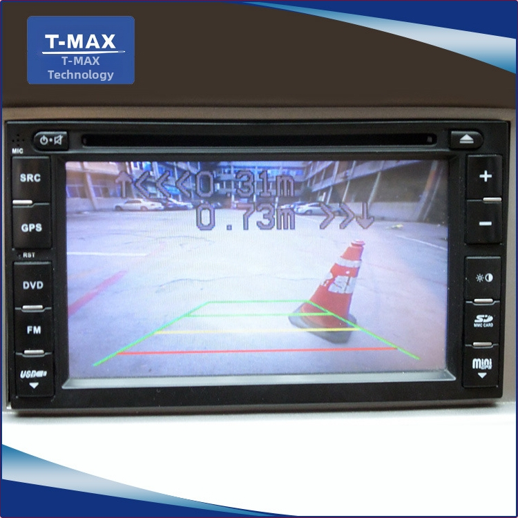 4 jutiklių vizualus atbulinis radaras su CCD kamera, aptikimo diapazonas 0,2–2,5 m, 12 V maitinimas, balso įspėjimas