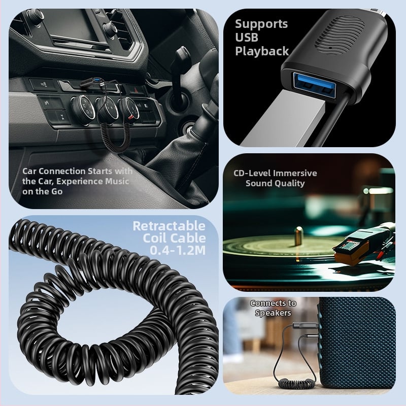 Automobilový Bluetooth hands-free prijímač s podporou USB disku, napájanie 5V, kábel 1.2 m, rozsah 20 Hz-20 kHz, hluk >90 dB