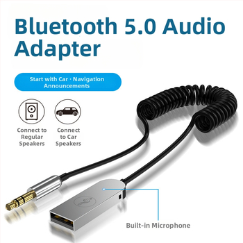 AUX bezdrôtový automobilový Bluetooth prijímač, telom zo zinkovej zliatiny, handsfree, 5V vstup, kábel 150 cm, 24 kHz frekvencia odozva, citlivosť mikrofónu 42 dB