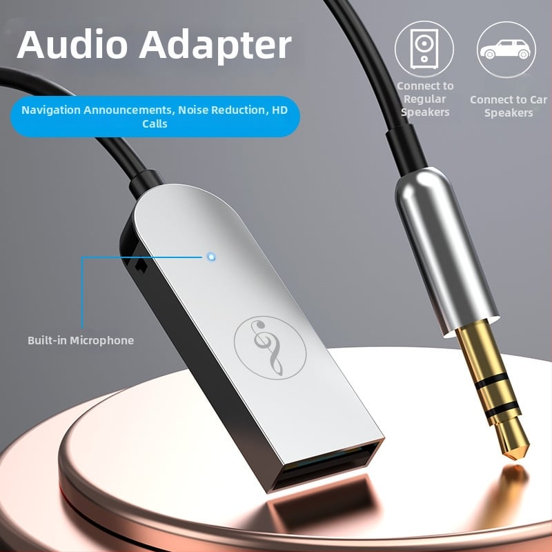AUX bezdrôtový automobilový Bluetooth prijímač, telom zo zinkovej zliatiny, handsfree, 5V vstup, kábel 150 cm, 24 kHz frekvencia odozva, citlivosť mikrofónu 42 dB