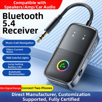 Automobilový Bluetooth prijímač A5R, Bluetooth 5.4, rozhranie 3,5 mm/Type-C, plug‑and‑play, externé napájanie, dosah až 20 m