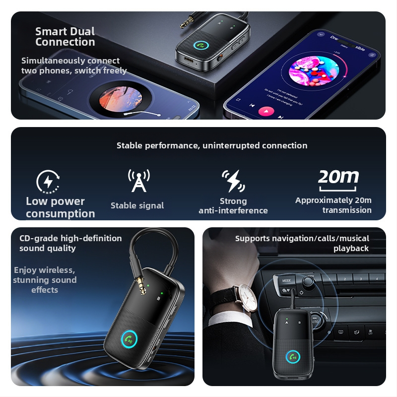 Automobilový Bluetooth prijímač A5R, Bluetooth 5.4, rozhranie 3,5 mm/Type-C, plug‑and‑play, externé napájanie, dosah až 20 m