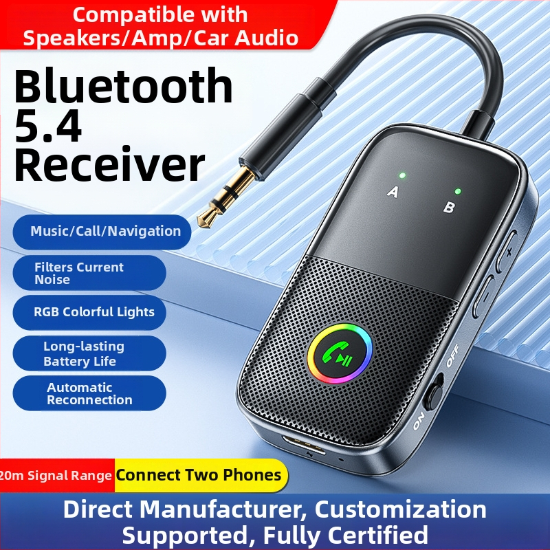Automobilový Bluetooth prijímač A5R, Bluetooth 5.4, rozhranie 3,5 mm/Type-C, plug‑and‑play, externé napájanie, dosah až 20 m