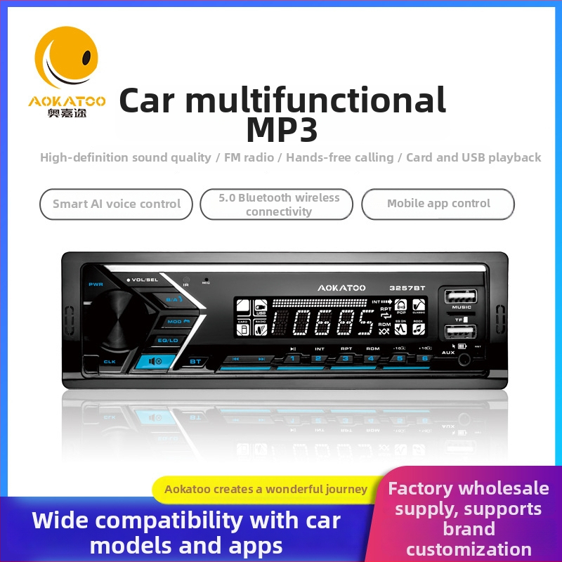 Bluetooth car MP3 prehrávač s FM rádiom, model 3257BT, napájanie DC12V, samostatné automobilové audio rozhranie, tlačené logo