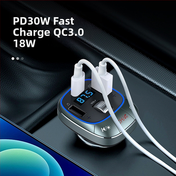 Automobilový Bluetooth MP3 prehrávač s FM transmiterom, PD 30W QC3.0 rýchle nabíjanie, USB+PD rozhranie, napájanie 12-24V, monochromatický displej