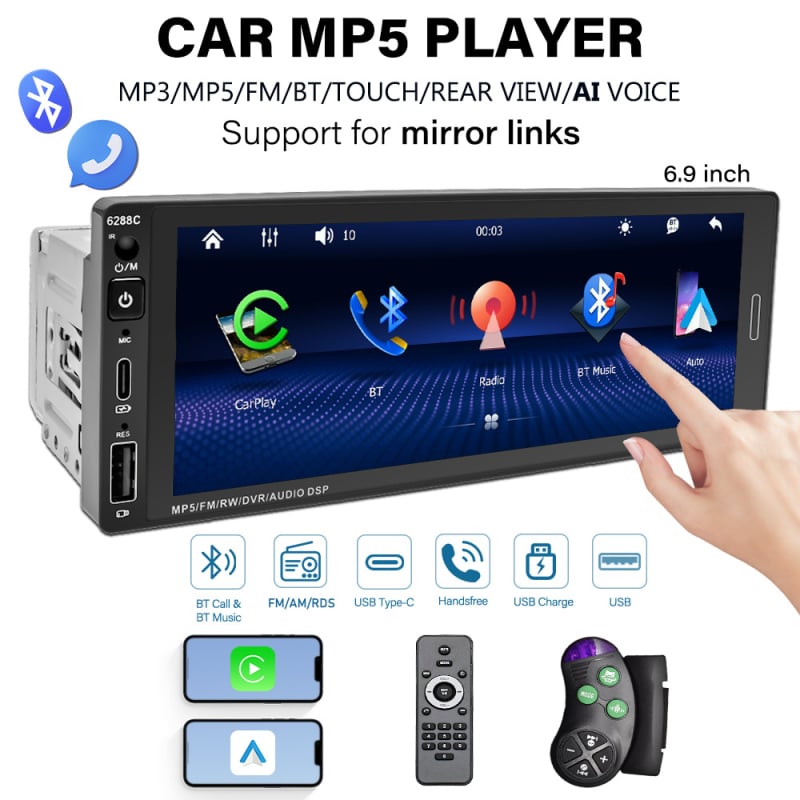 Kablirani CarPlay head unit za DIN jedne, MP5 player, Bluetooth, kapacitivni dodirni zaslon, USB prednji Type-C punjenje