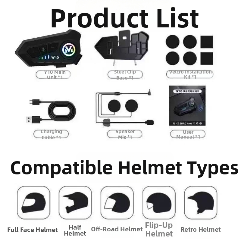 Y10 Bezdrôtový Bluetooth headset na prilbu s hlasovým ovládaním, dosah 15 m, IPX6 vodotesný, výdrž batérie viac než 8 hodín, Bluetooth 5.3