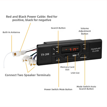 Ts208 Bluetooth car MP3 prehrávač s FM rádiom, 12V napájanie, ABS telo, 800 g, bez pamäte