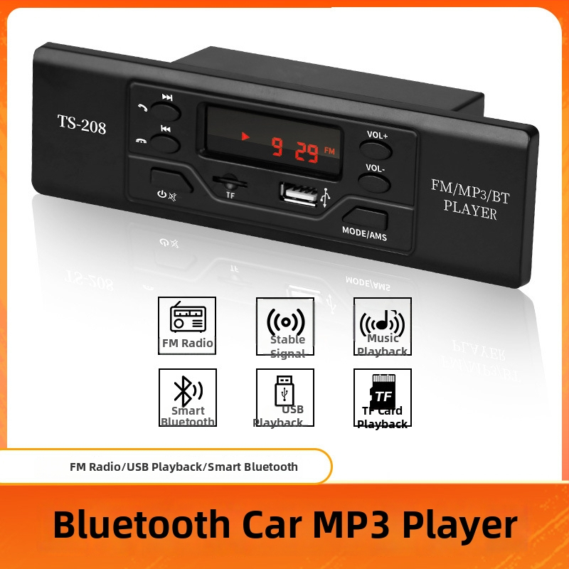 Ts208 Bluetooth car MP3 prehrávač s FM rádiom, 12V napájanie, ABS telo, 800 g, bez pamäte