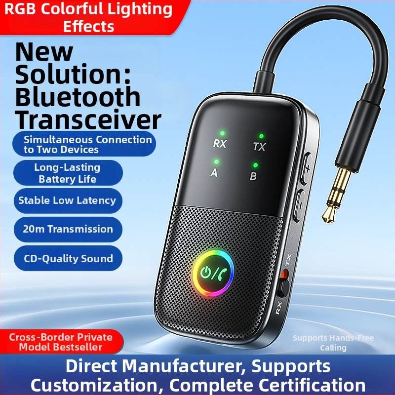 Bluetooth prijímač a vysielač 2-v-1 pre automobil AUX, hands-free audio adaptér, model A5 Pro, rozhranie 3,5 mm/Type-C, Bluetooth 5.2, Plug-and-Play, externé napájanie, dosah 20 m