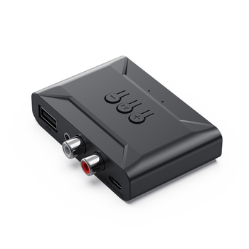 Bluetooth музикален приемник за автомобил, hands-free разговори, USB музика; версия 5.4, интерфейси: 3.5 mm, RCA и USB, plug‑and‑play, външно захранване, обхват до 5 м