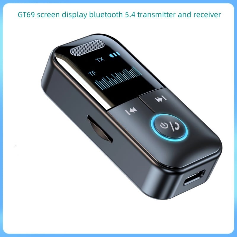 4-в-1 GT69 Bluetooth 5.4 предавател/приемник с дисплей за автомобил и компютър – Plug-and-Play, обхват 10 м, скорост на трансфер 2.4