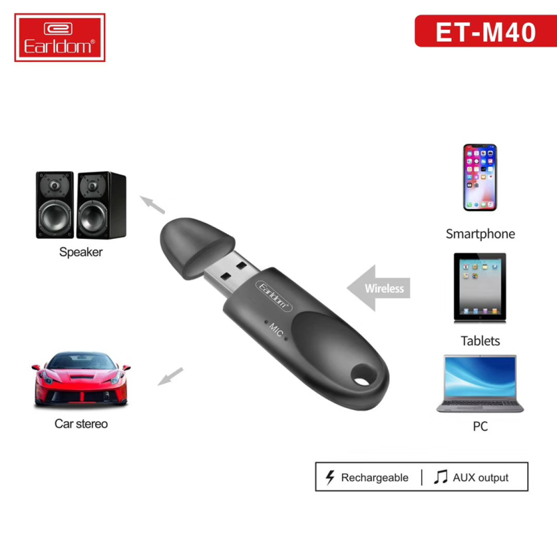 Earldom M40 Bluetooth prijemnik USB, Plug‑and‑Play za automobil, hands-free pozivi, Bluetooth 5.0, domet 10 m