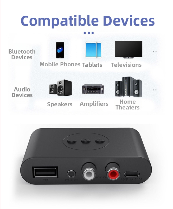 Automobilski Bluetooth prijemnik za glazbu - Bluetooth 5.2, sučelja 3.5 mm/RCA/USB, Plug-and-Play, vanjsko napajanje