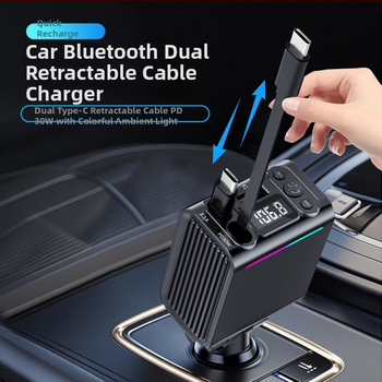 Automobilinis Bluetooth MP3 grotuvas su FM siųstuvu, PD greitas įkrovimas USB įkroviklis, ištraukiamas dvigubas kabelis, cigarečių degiklio adapteris