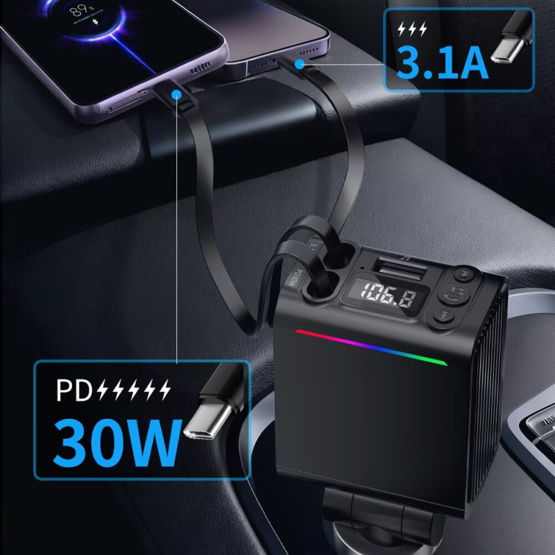 Automobilinis Bluetooth MP3 grotuvas su FM siųstuvu, PD greitas įkrovimas USB įkroviklis, ištraukiamas dvigubas kabelis, cigarečių degiklio adapteris