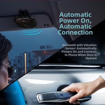 Bluetooth automobilio Hands-Free rinkinys montuojamas ant saulės skydelio — įėjimas 5V DC, 8W garsiakalbis, 2.4–2.48 GHz