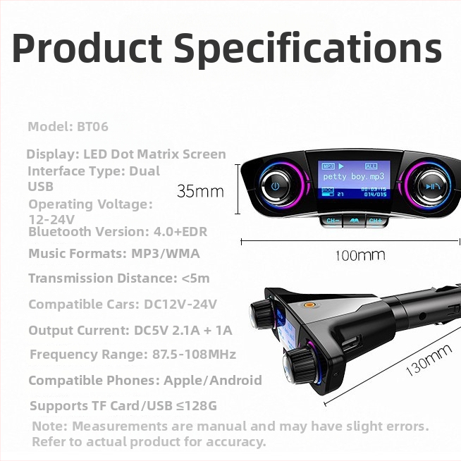 BT06 automašīnas MP3 Bluetooth FM raidītājs ar dot matrix displeju un 2.1A ātru uzlādi