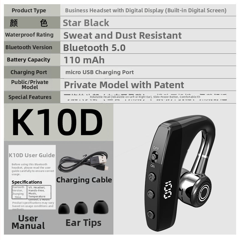 Bluetooth slúchadlo pre jedno ucho s digitálnym displejom, Bluetooth 5.0, dosah 10 m, batéria 4–8 h, upevnené na uchu, športové slúchadlo