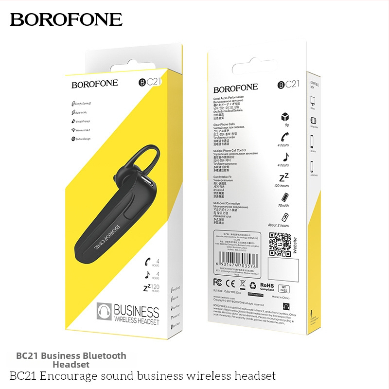 BOROFONE BC21 monaurálne Bluetooth slúchadlo do auta pre obchodné hovory s háčikom na ucho, dosah 10 m, Bluetooth 4.1, výdrž batérie 4–8 h, podpora hudby, nízka latencia pre esporty