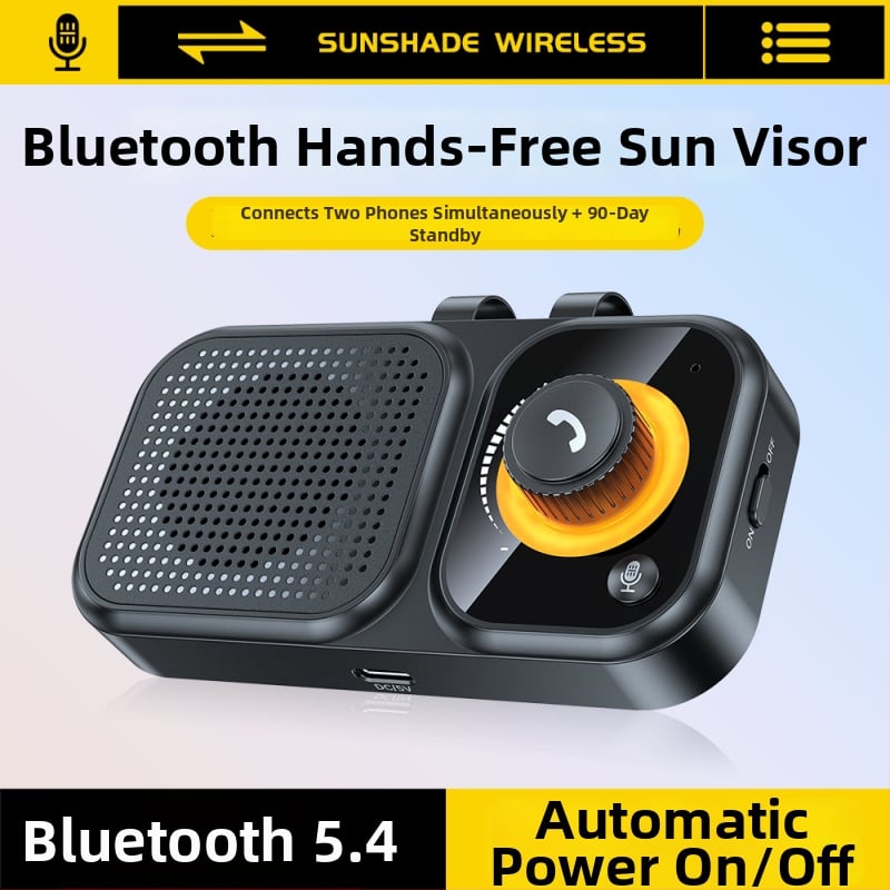Bluetooth automobilio laisvų rankų įrenginys su įrengimu ant saulės skydelio; dvigubi 2W garsiakalbiai; 5V įėjimas; Bluetooth 2.4–2.48 GHz