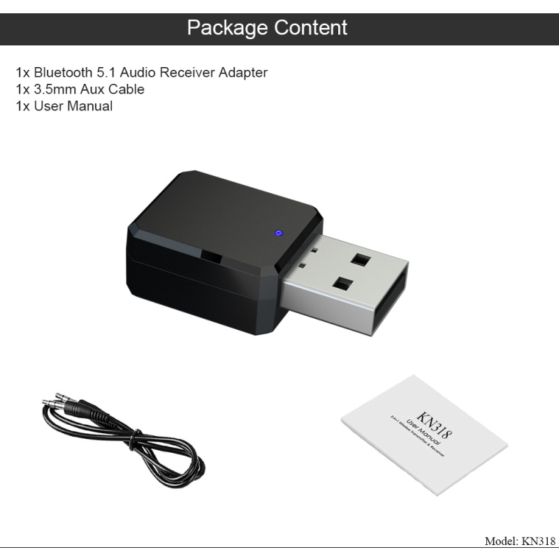 KN318 receptor Bluetooth audio, USB/AUX, ieșire duală, convorbiri hands-free în mașină, Bluetooth 5.1, Plug-and-Play
