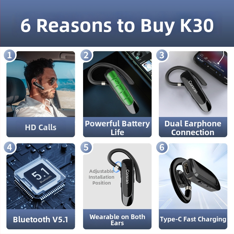 Bluetooth slušalica za jedno uho, redukcija šuma, domet 10 m, Bluetooth 5.0, trajanje baterije preko 8 sati