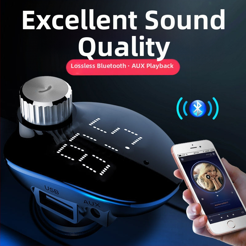 Automobiļu FM transmiteris ar MP3 Bluetooth atskaņotāju, 87,5–108 MHz, 20–20 kHz, distorsija <3%, darbības diapazons 5 m, spriegums 12–24 V