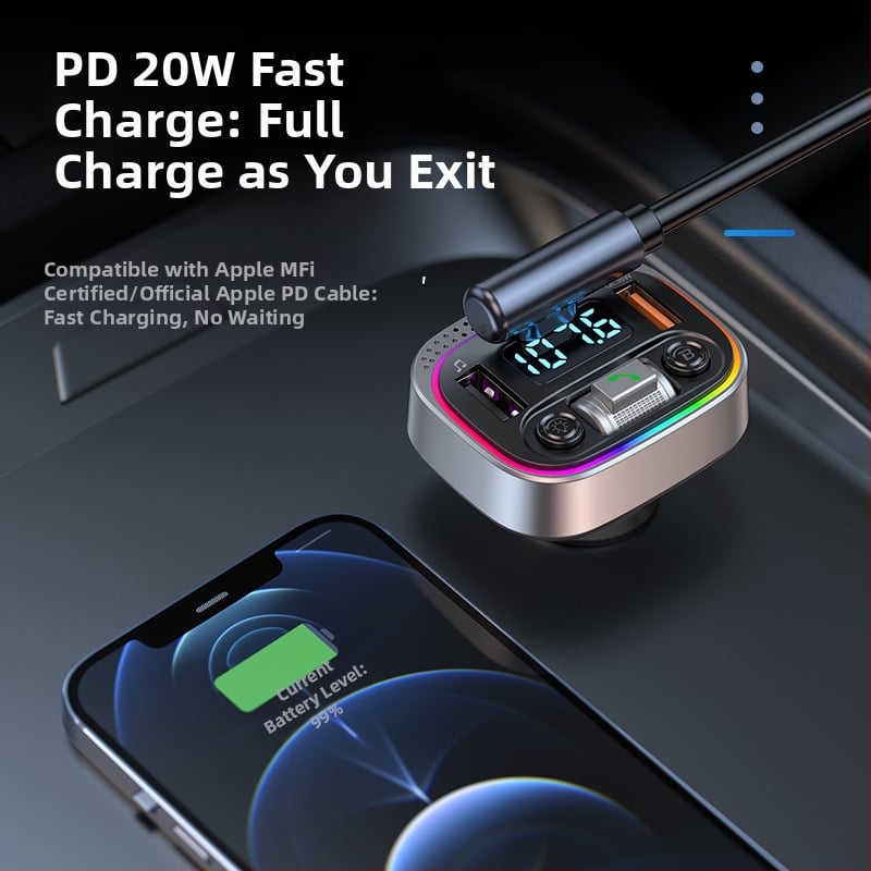 Автомобилен Bluetooth MP3 плеър с FM радио и LED атмосферна светлина, модел T21, USB вход за U-диск, 12–24V захранване