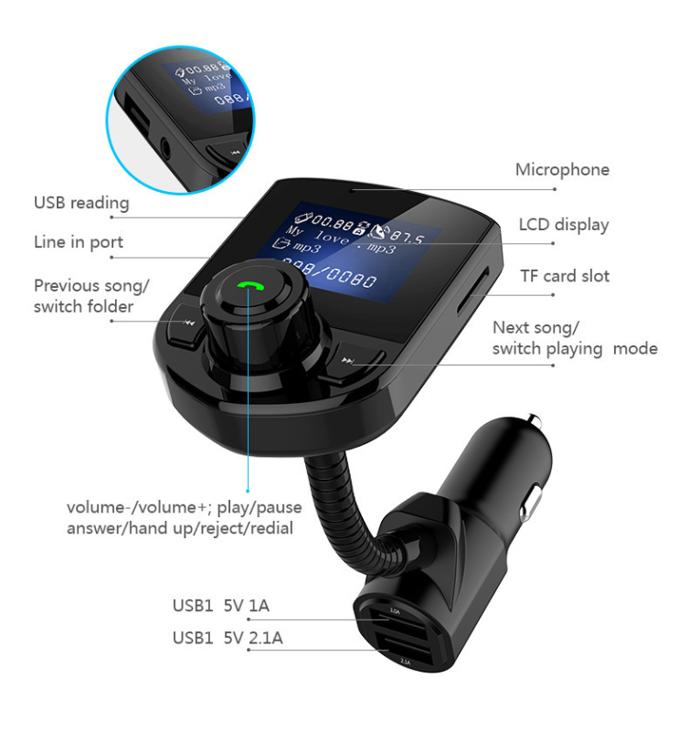 Bt52 Auto Bluetooth MP3 player s FM transmiterom, USB sučelje, napajanje 12-24V, brzo punjenje, Hands-Free